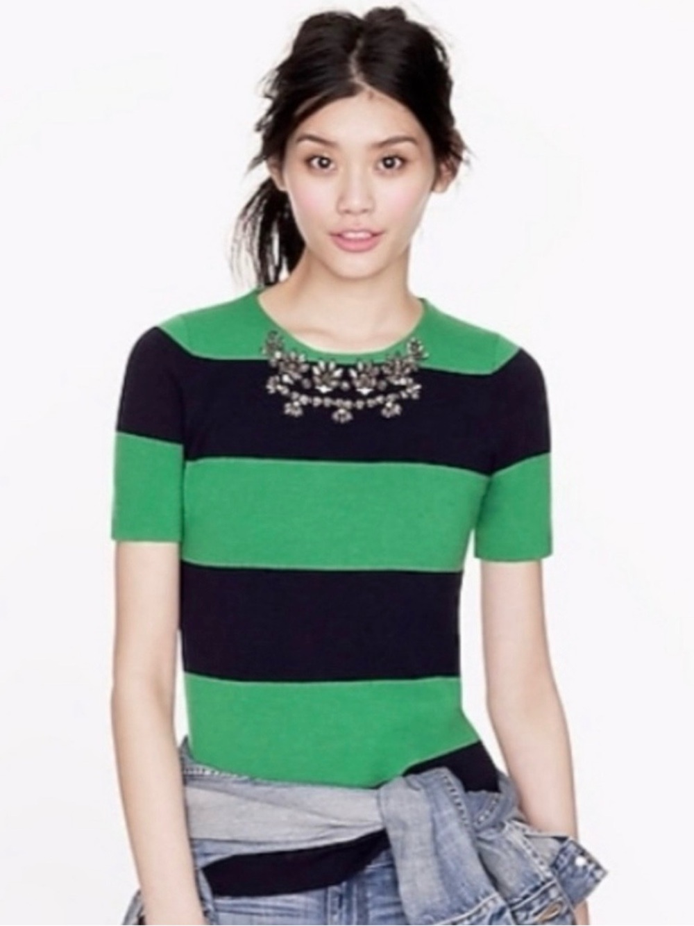 J. Crew Crystal Necklace Merino Wool Navy/Green Striped Short Sleeve Sweater XS